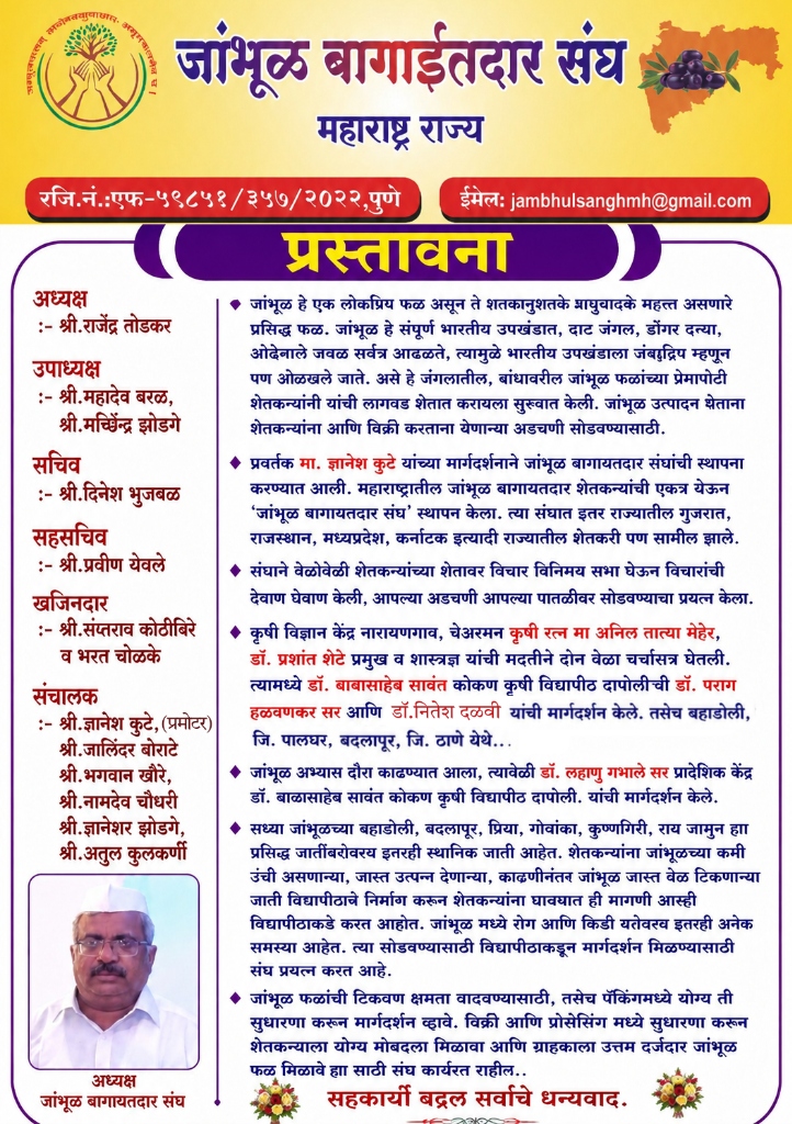 जांभूळ बागाईतदार संघ महाराष्ट्र राज्य - राज्य कार्यकारिणी